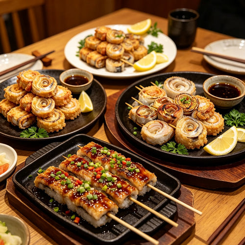 Grilled eel rolls on skewers arranged on a platter