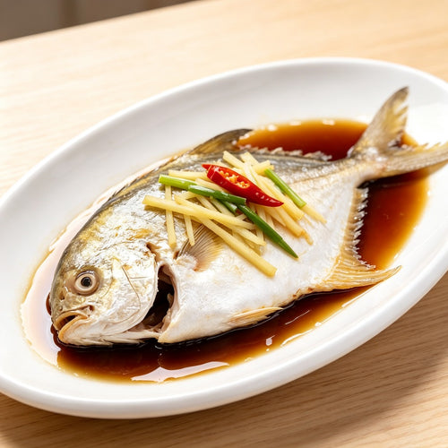 Steamed golden pompano with spring onion and soy on a white plate