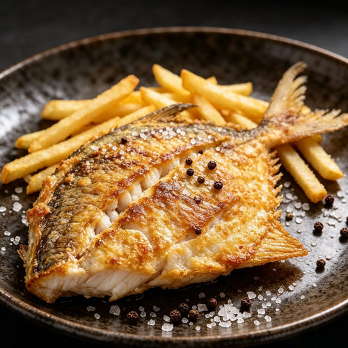 Pan-fried golden pompano served with fries on a dark plate