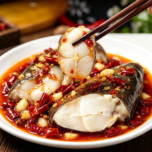 Braised halibut head in a red chilli sauce on a white plate